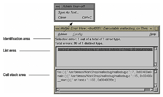 Figure 4-26  Malloc Error View Window with Admin Menu