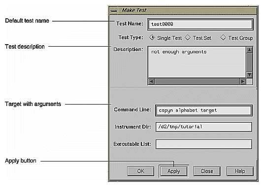 Figure 8-10 "Make Test" Dialog Box with Features Used in Tutorial