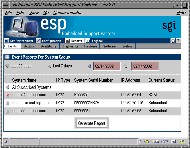 Figure 5-9 Event Reports for System Group Window (System Group Manager Mode)