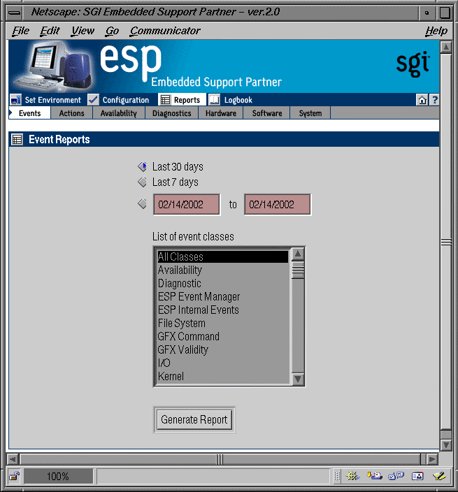 Figure 5-4 Event Reports Window (Single System Manager Mode)