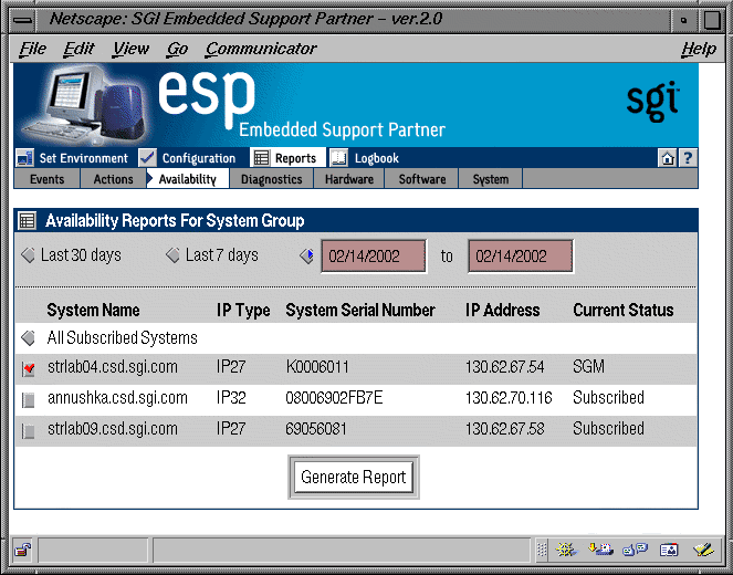 Figure 5-21 Availability Reports for System Group Window (System Group Manager Mode)