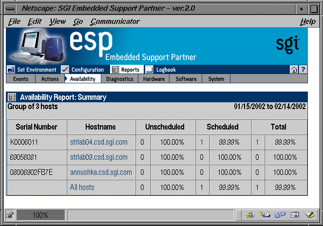 Figure 5-22 Availability Report: Summary Window (System Group Manager Mode)