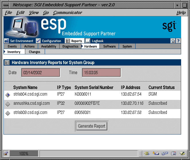 Figure 5-31 Hardware Inventory Reports for System Group Window (System Group Manager Mode)