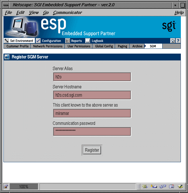 Figure 3-20 Register SGM Server Window (with Example Parameters)