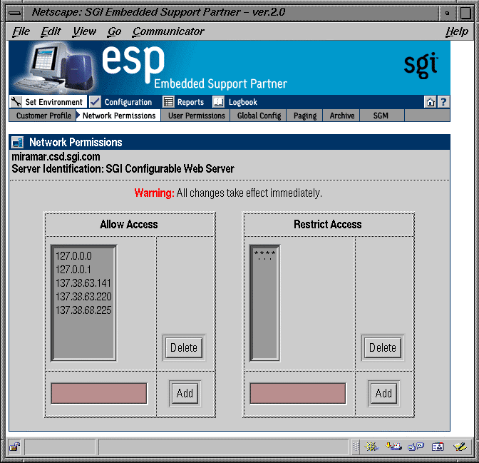 Figure 3-2 Network Permissions Window (Web-based Interface)