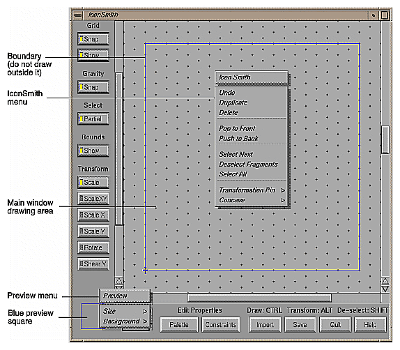 The Main IconSmith Window With Popup Menus 