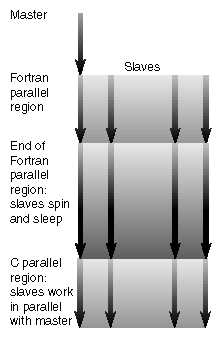 Figure 1-2 Running Parallel C and Parallel Fortran Programs Together