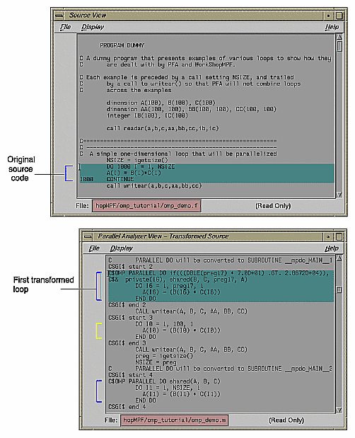 Figure 2-14 Transformed Loops in Source Windows 