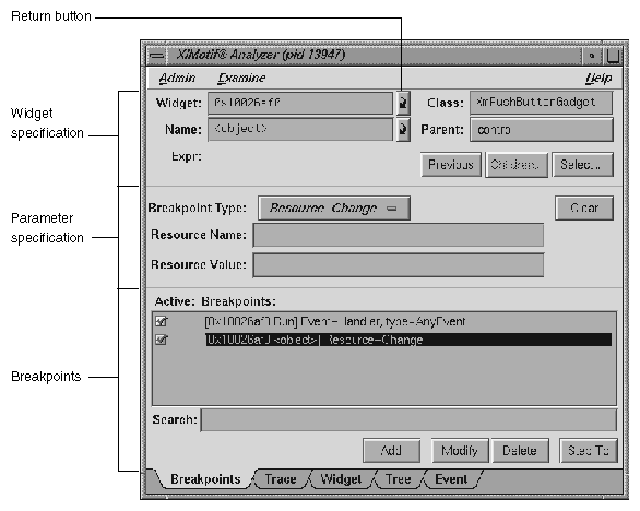Breakpoints Examiner Display in the X/Motif Analyzer
Window
