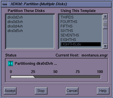 Figure 2-16 xdkm Partition Multiple Disks Dialog in Operation